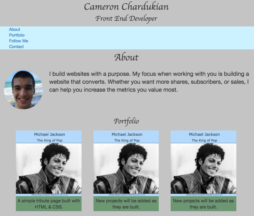 portfolio site on tablet
